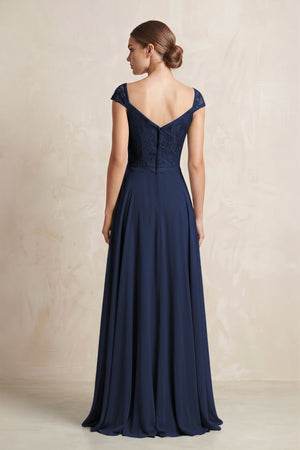 A - Line Chiffon V - Neck Pleated Bridesmaid Dress with Cap Sleeves in Dark Navy - KissProm Bridesmaid Dresses