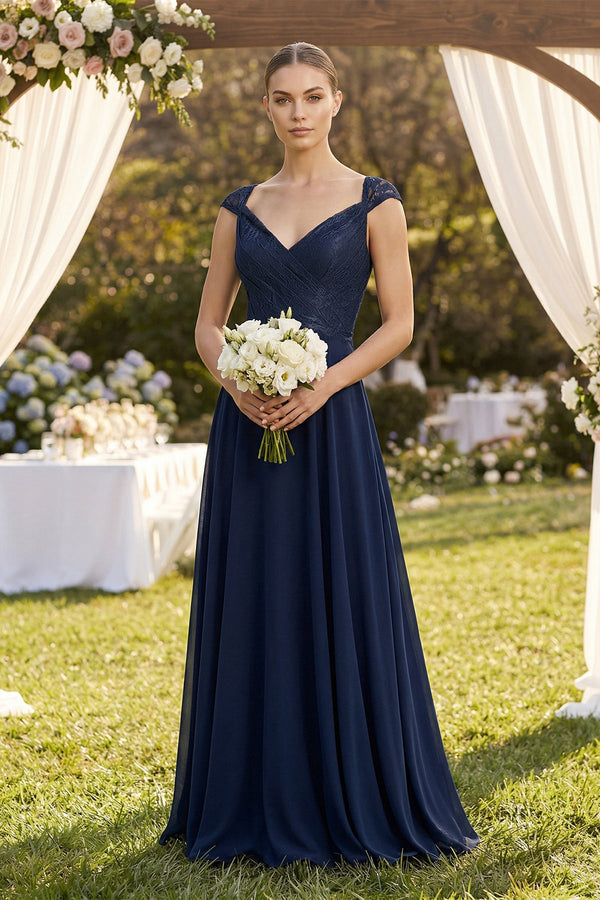 A - Line Chiffon V - Neck Pleated Bridesmaid Dress with Cap Sleeves in Dark Navy - KissProm Bridesmaid Dresses