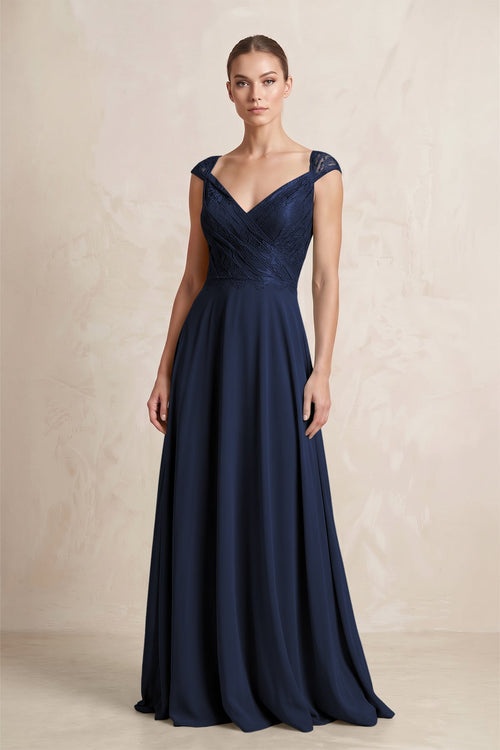 A - Line Chiffon V - Neck Pleated Bridesmaid Dress with Cap Sleeves in Dark Navy - KissProm Bridesmaid Dresses