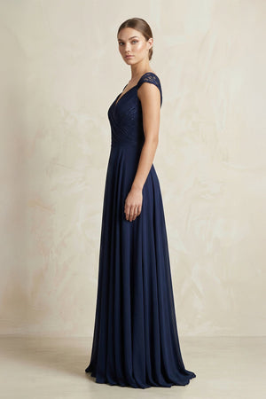 A - Line Chiffon V - Neck Pleated Bridesmaid Dress with Cap Sleeves in Dark Navy - KissProm Bridesmaid Dresses