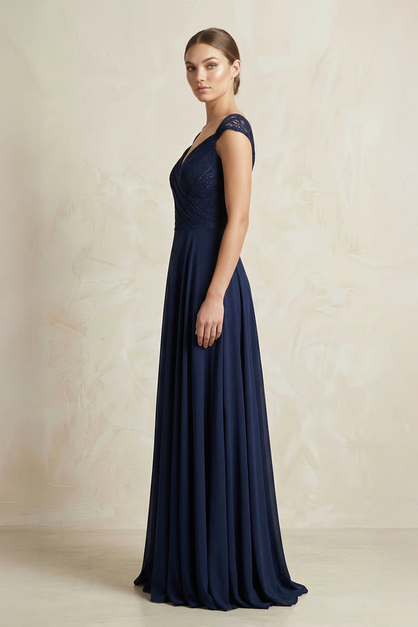A - Line Chiffon V - Neck Pleated Bridesmaid Dress with Cap Sleeves in Dark Navy - KissProm Bridesmaid Dresses