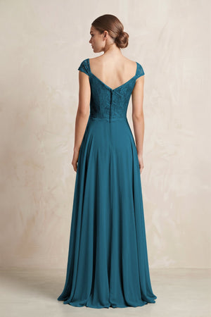 A - Line Chiffon V - Neck Pleated Bridesmaid Dress with Cap Sleeves in Dark Teal - KissProm Bridesmaid Dresses