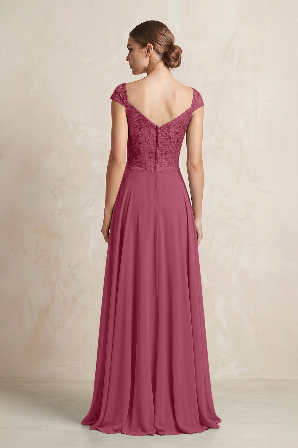 A - Line Chiffon V - Neck Pleated Bridesmaid Dress with Cap Sleeves in Desert Rose - KissProm Bridesmaid Dresses