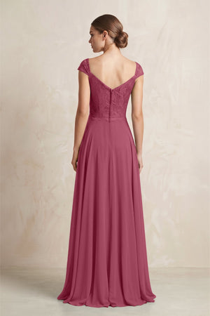A - Line Chiffon V - Neck Pleated Bridesmaid Dress with Cap Sleeves in Desert Rose - KissProm Bridesmaid Dresses