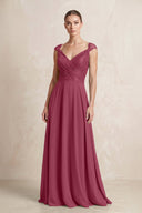 A - Line Chiffon V - Neck Pleated Bridesmaid Dress with Cap Sleeves in Desert Rose - KissProm Bridesmaid Dresses