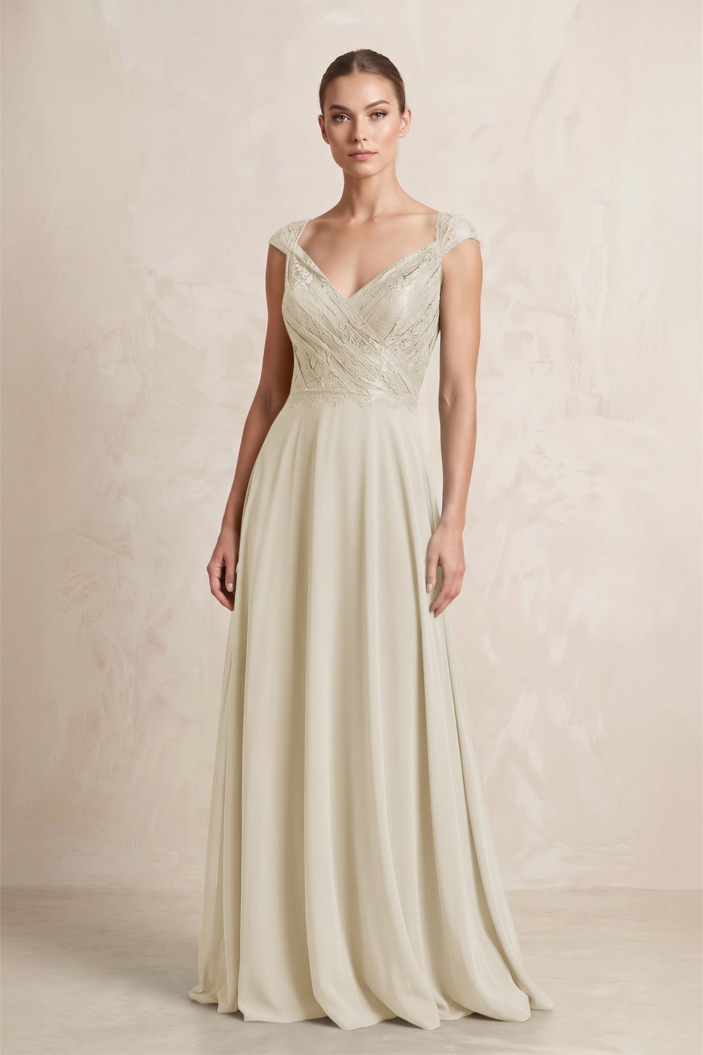A - Line Chiffon V - Neck Pleated Bridesmaid Dress with Cap Sleeves in Dove Gray - KissProm Bridesmaid Dresses