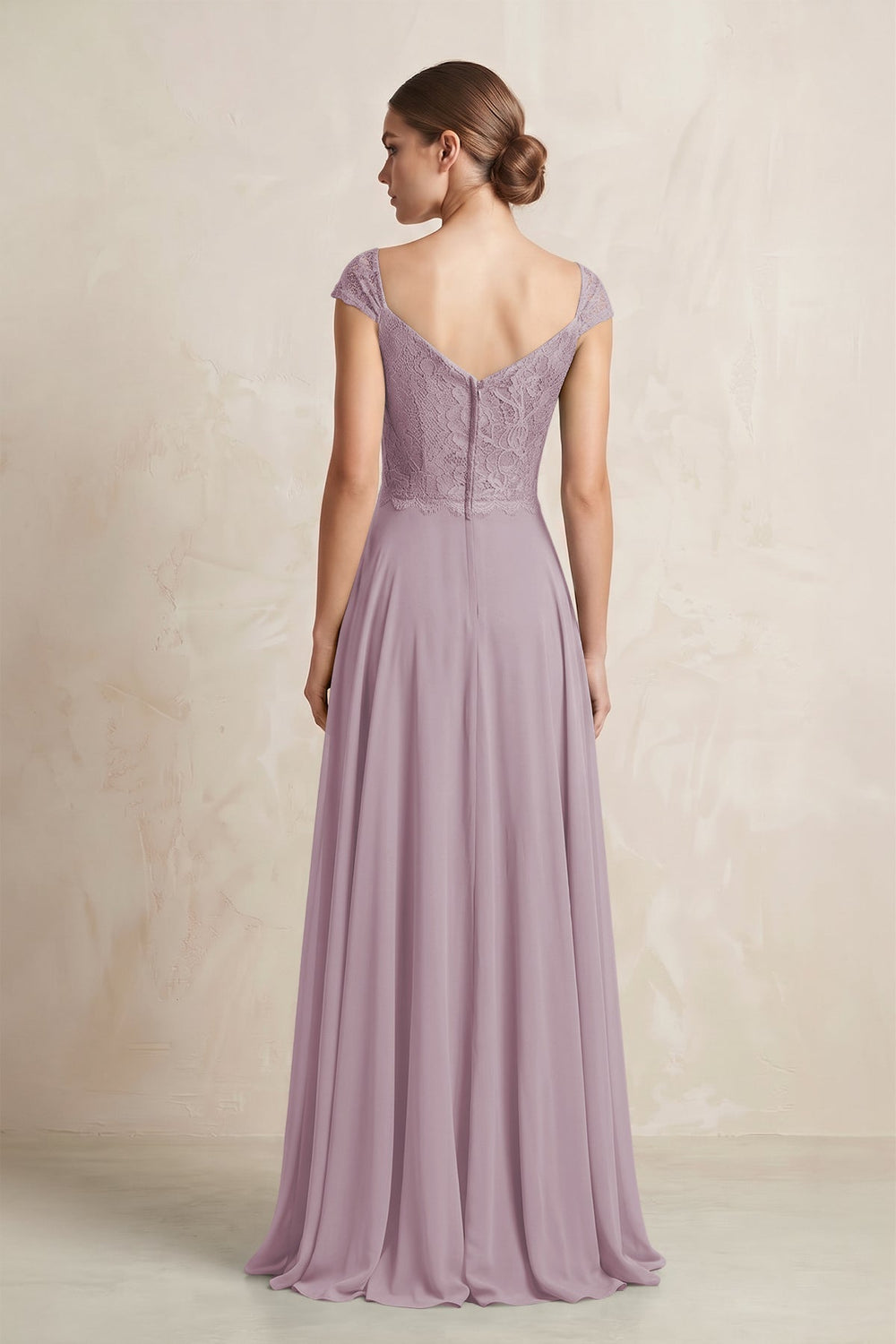 A - Line Chiffon V - Neck Pleated Bridesmaid Dress with Cap Sleeves in Dusk - KissProm Bridesmaid Dresses