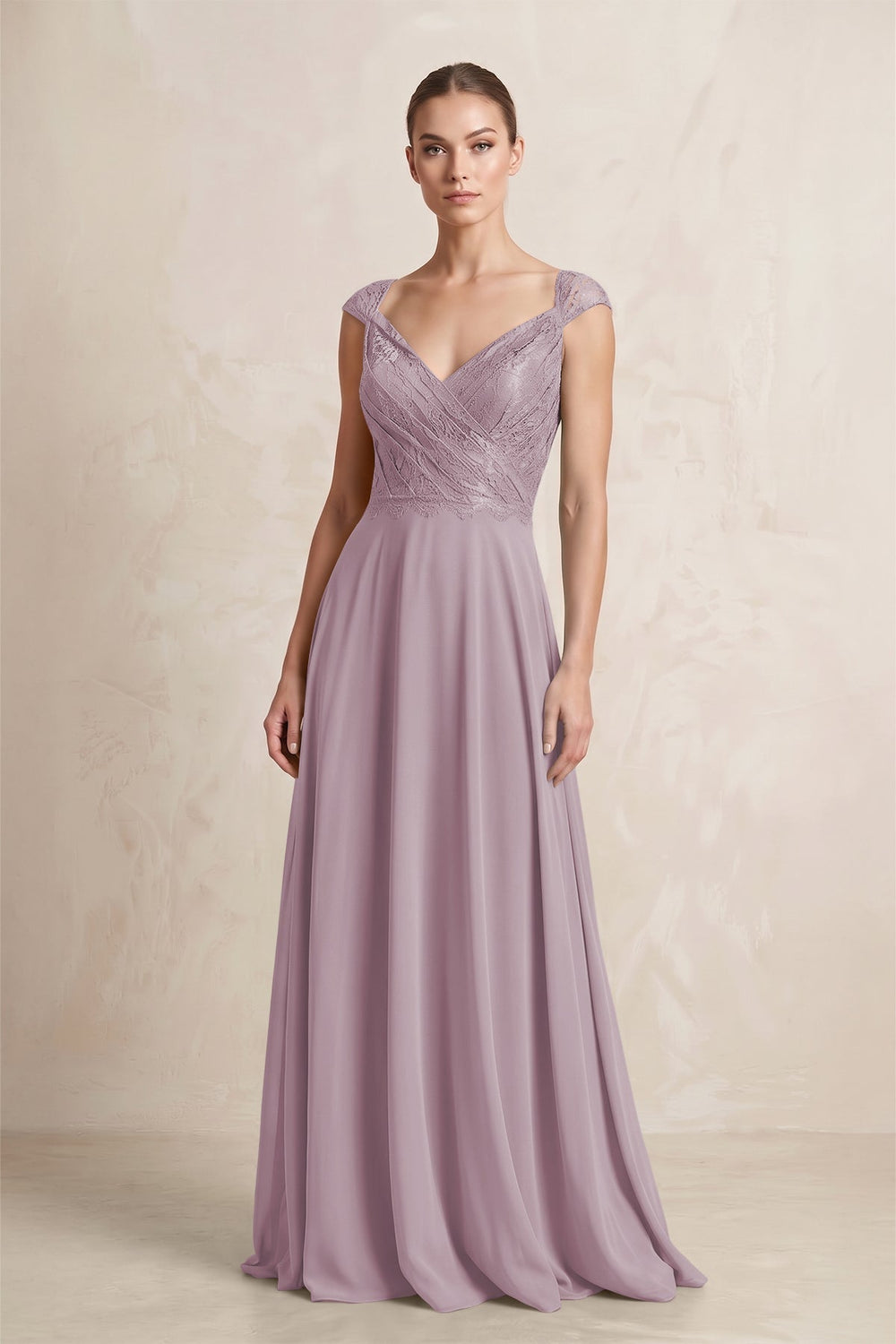 A - Line Chiffon V - Neck Pleated Bridesmaid Dress with Cap Sleeves in Dusk - KissProm Bridesmaid Dresses