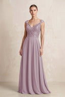 A - Line Chiffon V - Neck Pleated Bridesmaid Dress with Cap Sleeves in Dusk - KissProm Bridesmaid Dresses