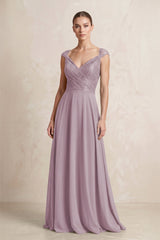 A - Line Chiffon V - Neck Pleated Bridesmaid Dress with Cap Sleeves in Dusk - KissProm Bridesmaid Dresses