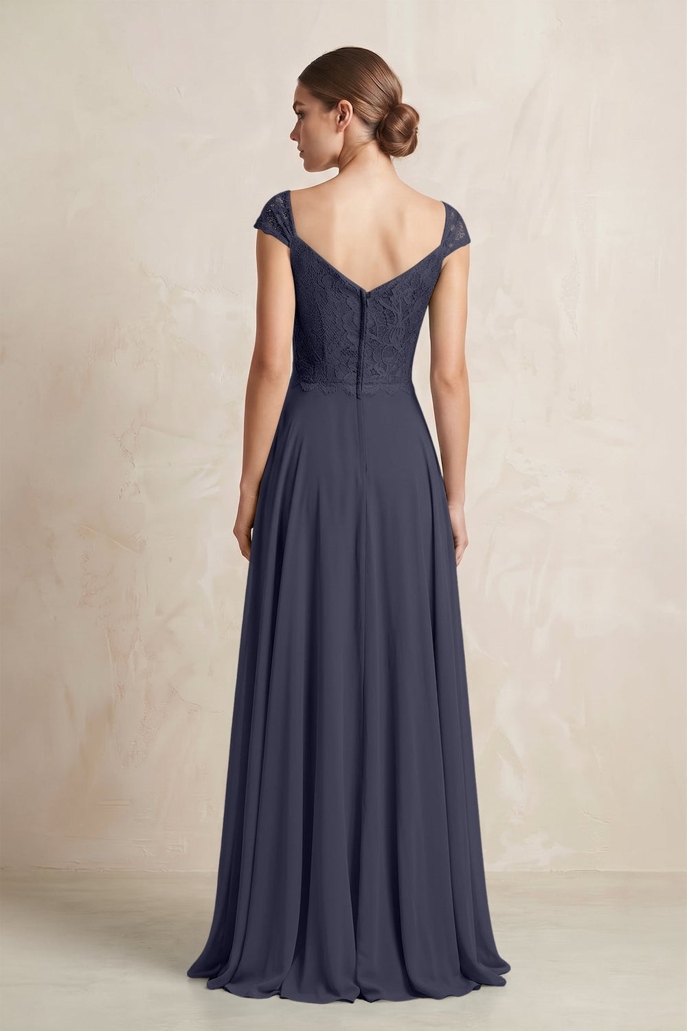 A - Line Chiffon V - Neck Pleated Bridesmaid Dress with Cap Sleeves in Dusk Blue - KissProm Bridesmaid Dresses