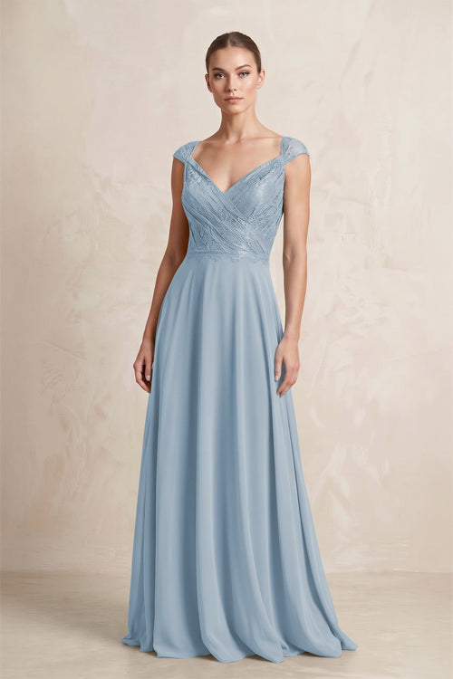 A - Line Chiffon V - Neck Pleated Bridesmaid Dress with Cap Sleeves in Dusty Blue - KissProm Bridesmaid Dresses
