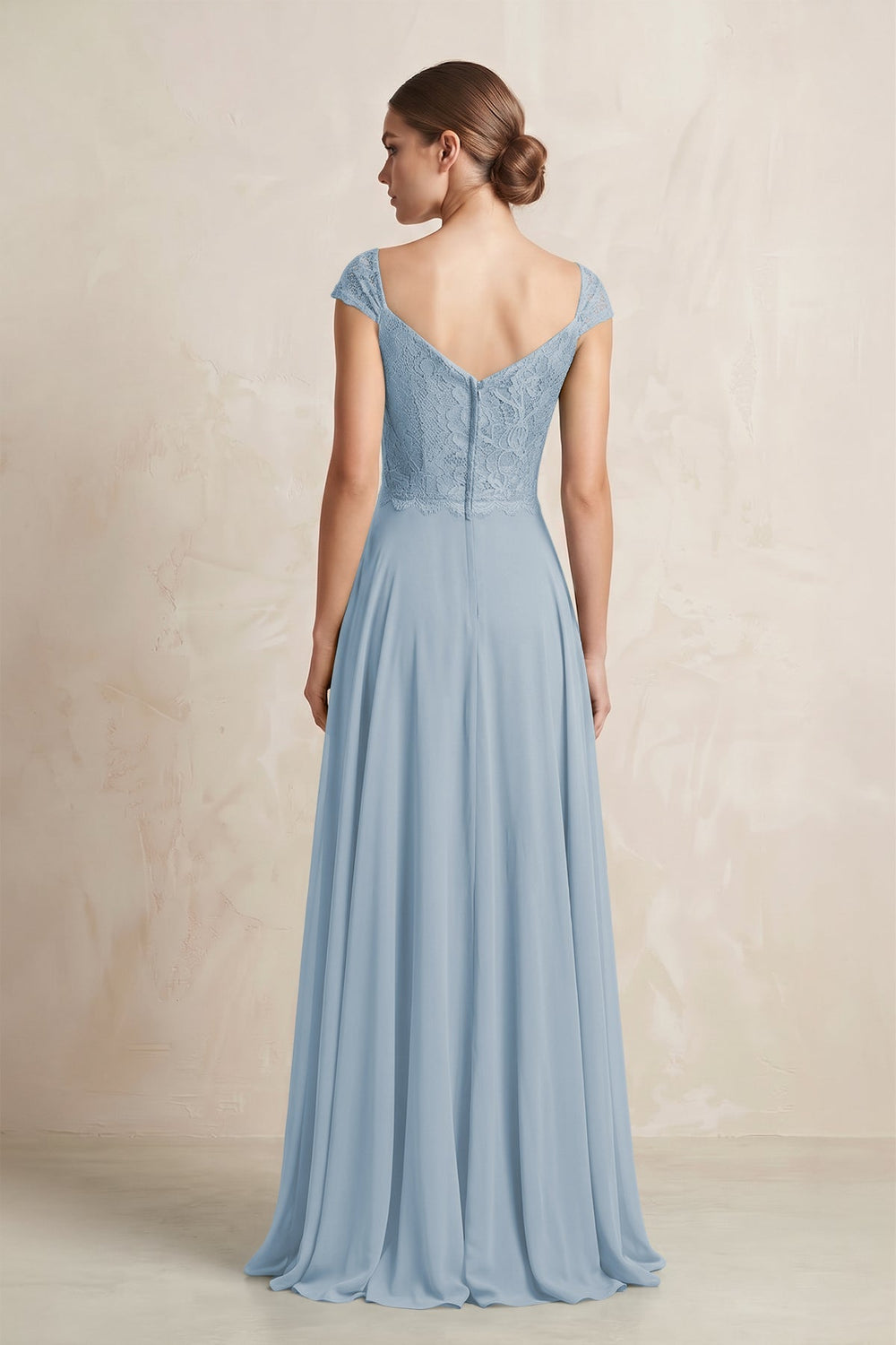 A - Line Chiffon V - Neck Pleated Bridesmaid Dress with Cap Sleeves in Dusty Blue - KissProm Bridesmaid Dresses