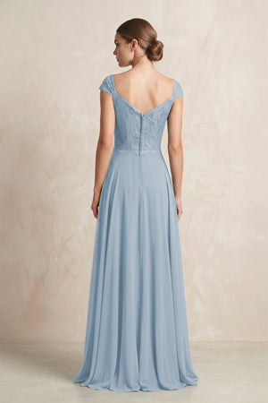 A - Line Chiffon V - Neck Pleated Bridesmaid Dress with Cap Sleeves in Dusty Blue - KissProm Bridesmaid Dresses