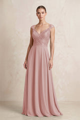 A - Line Chiffon V - Neck Pleated Bridesmaid Dress with Cap Sleeves in Dusty Rose - KissProm Bridesmaid Dresses