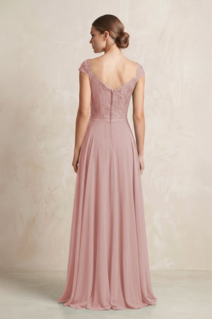 A - Line Chiffon V - Neck Pleated Bridesmaid Dress with Cap Sleeves in Dusty Rose - KissProm Bridesmaid Dresses