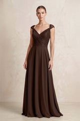 A - Line Chiffon V - Neck Pleated Bridesmaid Dress with Cap Sleeves in Espresso - KissProm Bridesmaid Dresses
