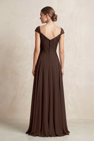 A - Line Chiffon V - Neck Pleated Bridesmaid Dress with Cap Sleeves in Espresso - KissProm Bridesmaid Dresses