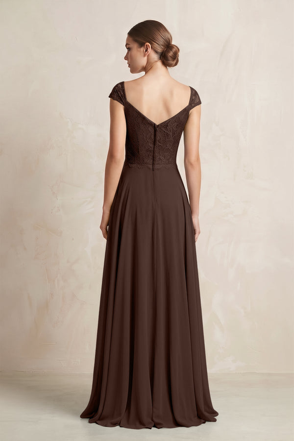 A - Line Chiffon V - Neck Pleated Bridesmaid Dress with Cap Sleeves in Espresso - KissProm Bridesmaid Dresses