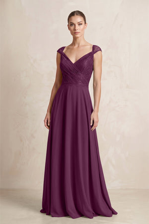 A - Line Chiffon V - Neck Pleated Bridesmaid Dress with Cap Sleeves in Fig - KissProm Bridesmaid Dresses