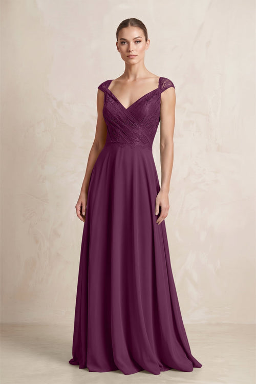 A - Line Chiffon V - Neck Pleated Bridesmaid Dress with Cap Sleeves in Fig - KissProm Bridesmaid Dresses