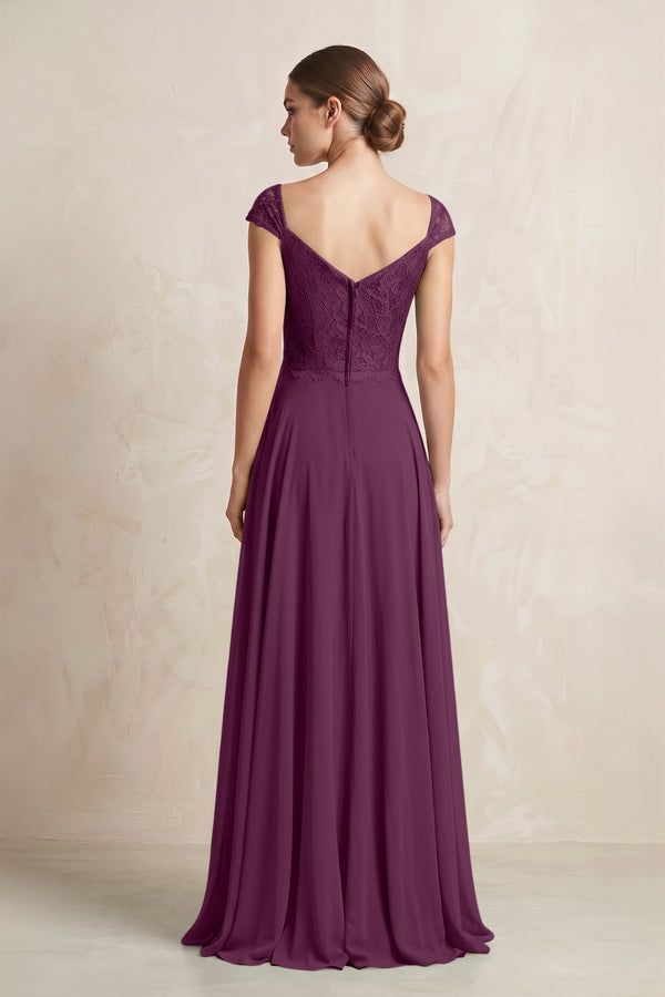 A - Line Chiffon V - Neck Pleated Bridesmaid Dress with Cap Sleeves in Fig - KissProm Bridesmaid Dresses