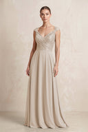 A - Line Chiffon V - Neck Pleated Bridesmaid Dress with Cap Sleeves in Frost - KissProm Bridesmaid Dresses