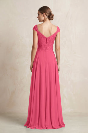 A - Line Chiffon V - Neck Pleated Bridesmaid Dress with Cap Sleeves in Fuchsia - KissProm Bridesmaid Dresses