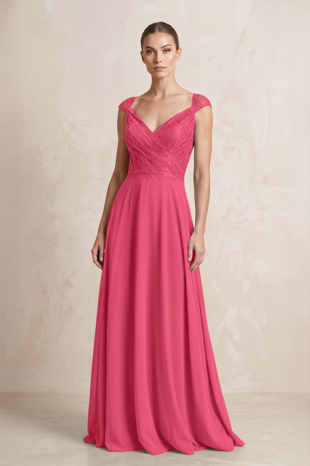 A - Line Chiffon V - Neck Pleated Bridesmaid Dress with Cap Sleeves in Fuchsia - KissProm Bridesmaid Dresses