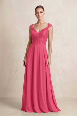 A - Line Chiffon V - Neck Pleated Bridesmaid Dress with Cap Sleeves in Fuchsia - KissProm Bridesmaid Dresses