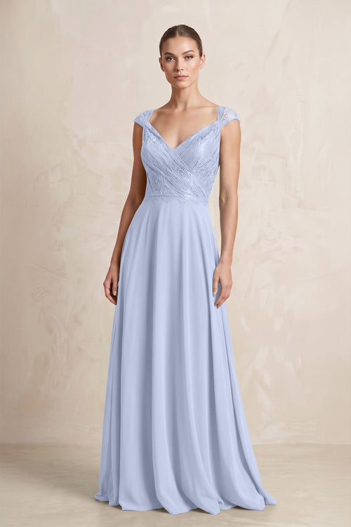 A - Line Chiffon V - Neck Pleated Bridesmaid Dress with Cap Sleeves in Ice - KissProm Bridesmaid Dresses