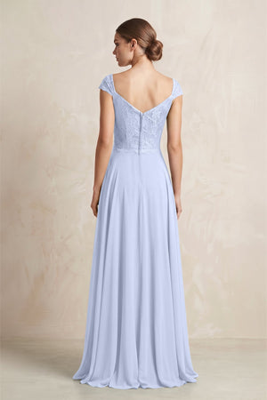 A - Line Chiffon V - Neck Pleated Bridesmaid Dress with Cap Sleeves in Ice - KissProm Bridesmaid Dresses