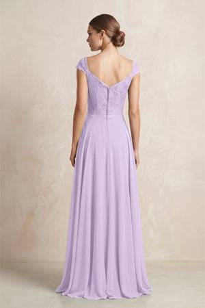 A - Line Chiffon V - Neck Pleated Bridesmaid Dress with Cap Sleeves in Lavender - KissProm Bridesmaid Dresses