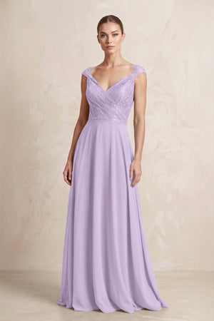 A - Line Chiffon V - Neck Pleated Bridesmaid Dress with Cap Sleeves in Lavender - KissProm Bridesmaid Dresses