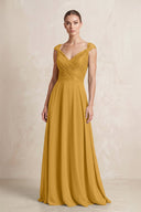 A - Line Chiffon V - Neck Pleated Bridesmaid Dress with Cap Sleeves in Marigold - KissProm Bridesmaid Dresses