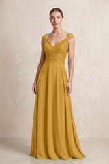 A - Line Chiffon V - Neck Pleated Bridesmaid Dress with Cap Sleeves in Marigold - KissProm Bridesmaid Dresses