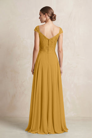 A - Line Chiffon V - Neck Pleated Bridesmaid Dress with Cap Sleeves in Marigold - KissProm Bridesmaid Dresses
