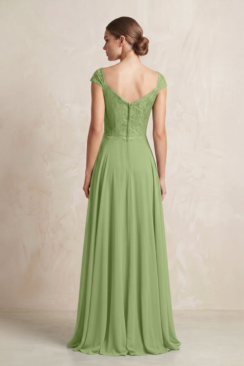 A - Line Chiffon V - Neck Pleated Bridesmaid Dress with Cap Sleeves in Matcha - KissProm Bridesmaid Dresses