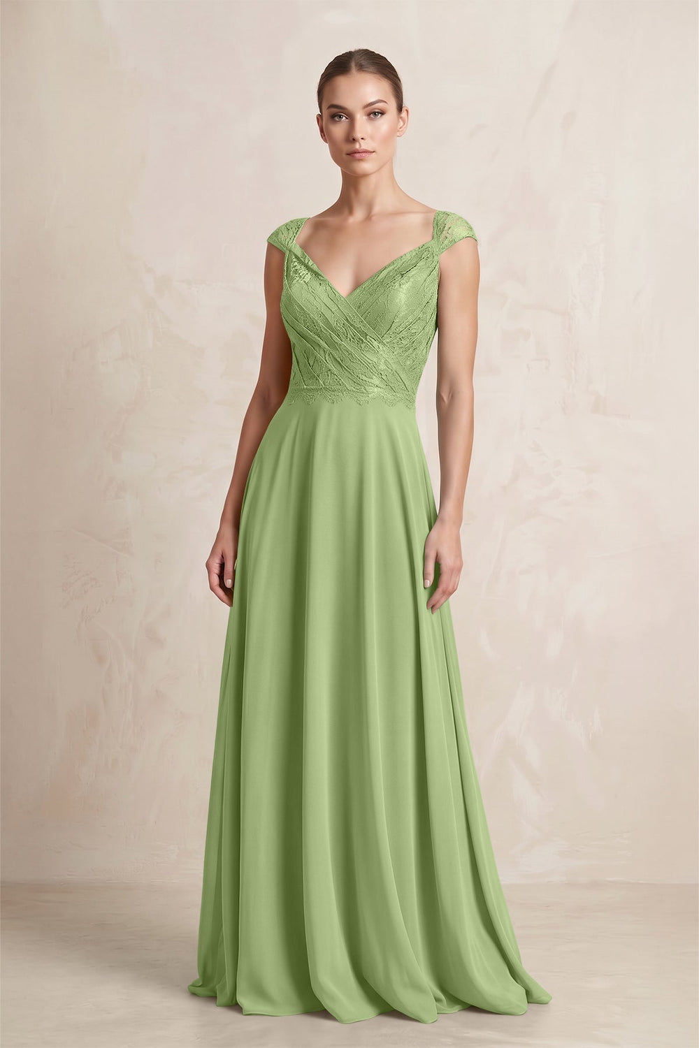 A - Line Chiffon V - Neck Pleated Bridesmaid Dress with Cap Sleeves in Matcha - KissProm Bridesmaid Dresses