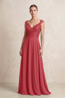A - Line Chiffon V - Neck Pleated Bridesmaid Dress with Cap Sleeves in Merlot - KissProm Bridesmaid Dresses