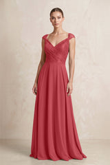 A - Line Chiffon V - Neck Pleated Bridesmaid Dress with Cap Sleeves in Merlot - KissProm Bridesmaid Dresses