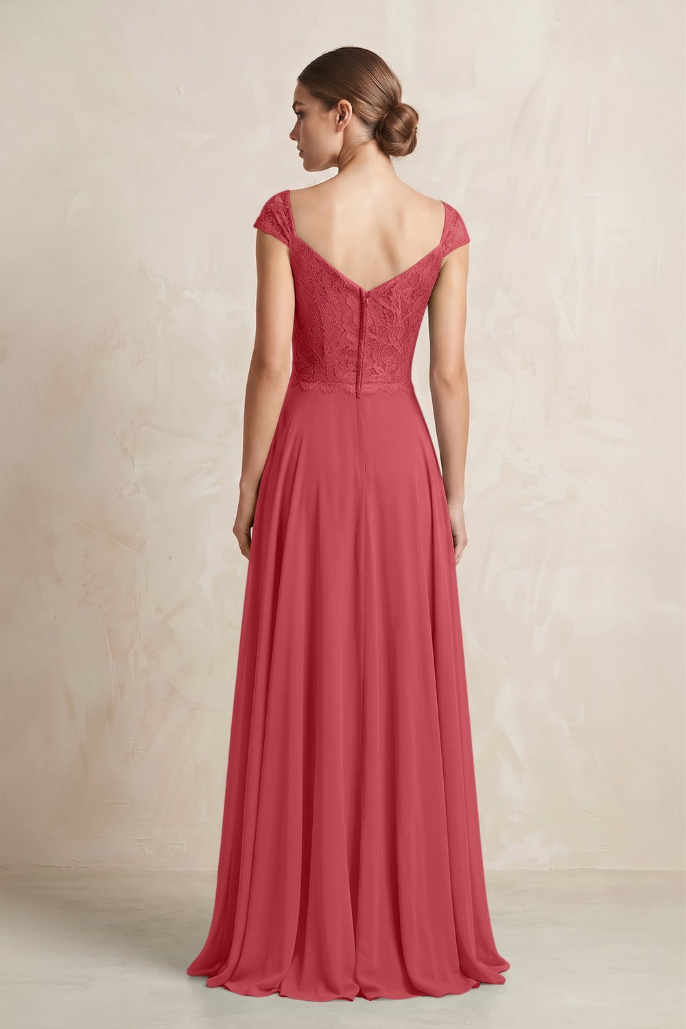 A - Line Chiffon V - Neck Pleated Bridesmaid Dress with Cap Sleeves in Merlot - KissProm Bridesmaid Dresses