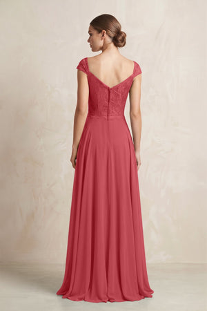A - Line Chiffon V - Neck Pleated Bridesmaid Dress with Cap Sleeves in Merlot - KissProm Bridesmaid Dresses