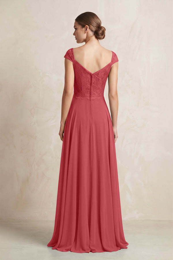 A - Line Chiffon V - Neck Pleated Bridesmaid Dress with Cap Sleeves in Merlot - KissProm Bridesmaid Dresses