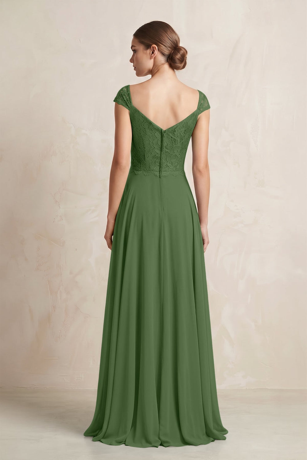 A - Line Chiffon V - Neck Pleated Bridesmaid Dress with Cap Sleeves in Moss - KissProm Bridesmaid Dresses