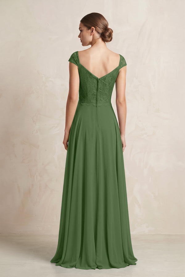 A - Line Chiffon V - Neck Pleated Bridesmaid Dress with Cap Sleeves in Moss - KissProm Bridesmaid Dresses
