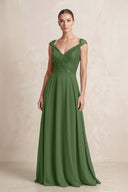 A - Line Chiffon V - Neck Pleated Bridesmaid Dress with Cap Sleeves in Moss - KissProm Bridesmaid Dresses