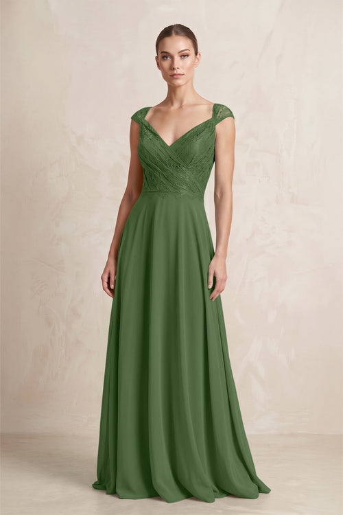 A - Line Chiffon V - Neck Pleated Bridesmaid Dress with Cap Sleeves in Moss - KissProm Bridesmaid Dresses