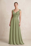 A - Line Chiffon V - Neck Pleated Bridesmaid Dress with Cap Sleeves in Moss Green - KissProm Bridesmaid Dresses