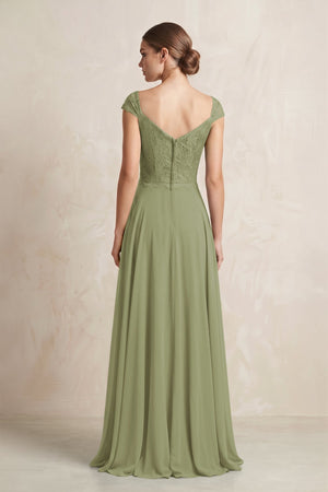 A - Line Chiffon V - Neck Pleated Bridesmaid Dress with Cap Sleeves in Moss Green - KissProm Bridesmaid Dresses